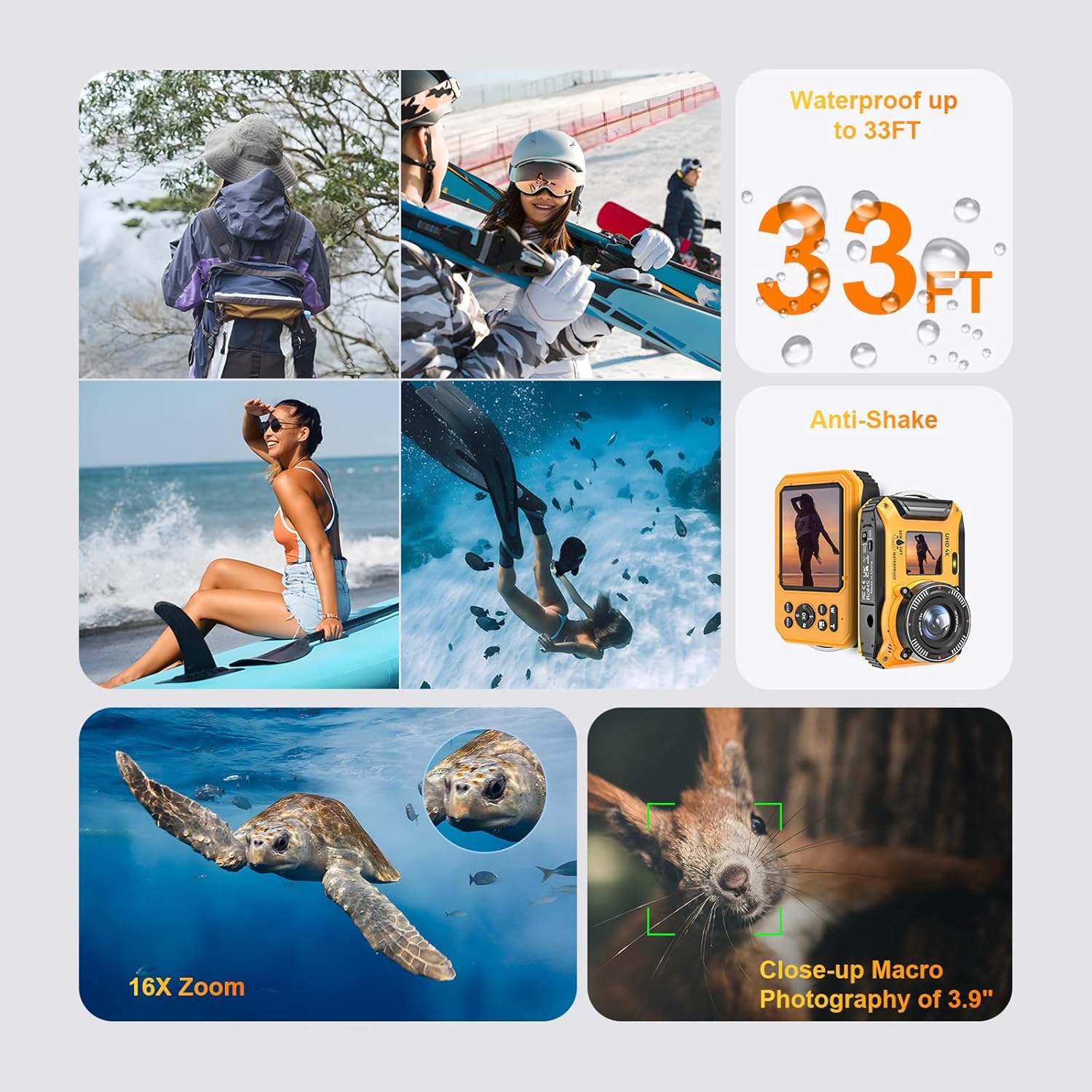 Digital Camera, Yixinxin 4K 64MP 33FT Underwater Camera Dual-Screen Waterproof Dustproof Floatable Camera for Snorkeling with 32GB Card Autofocus Point and Shoot Digital Camera 1500mAh Battery