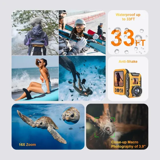 Digital Camera, Yixinxin 4K 64MP 33FT Underwater Camera Dual-Screen Waterproof Dustproof Floatable Camera for Snorkeling with 32GB Card Autofocus Point and Shoot Digital Camera 1500mAh Battery