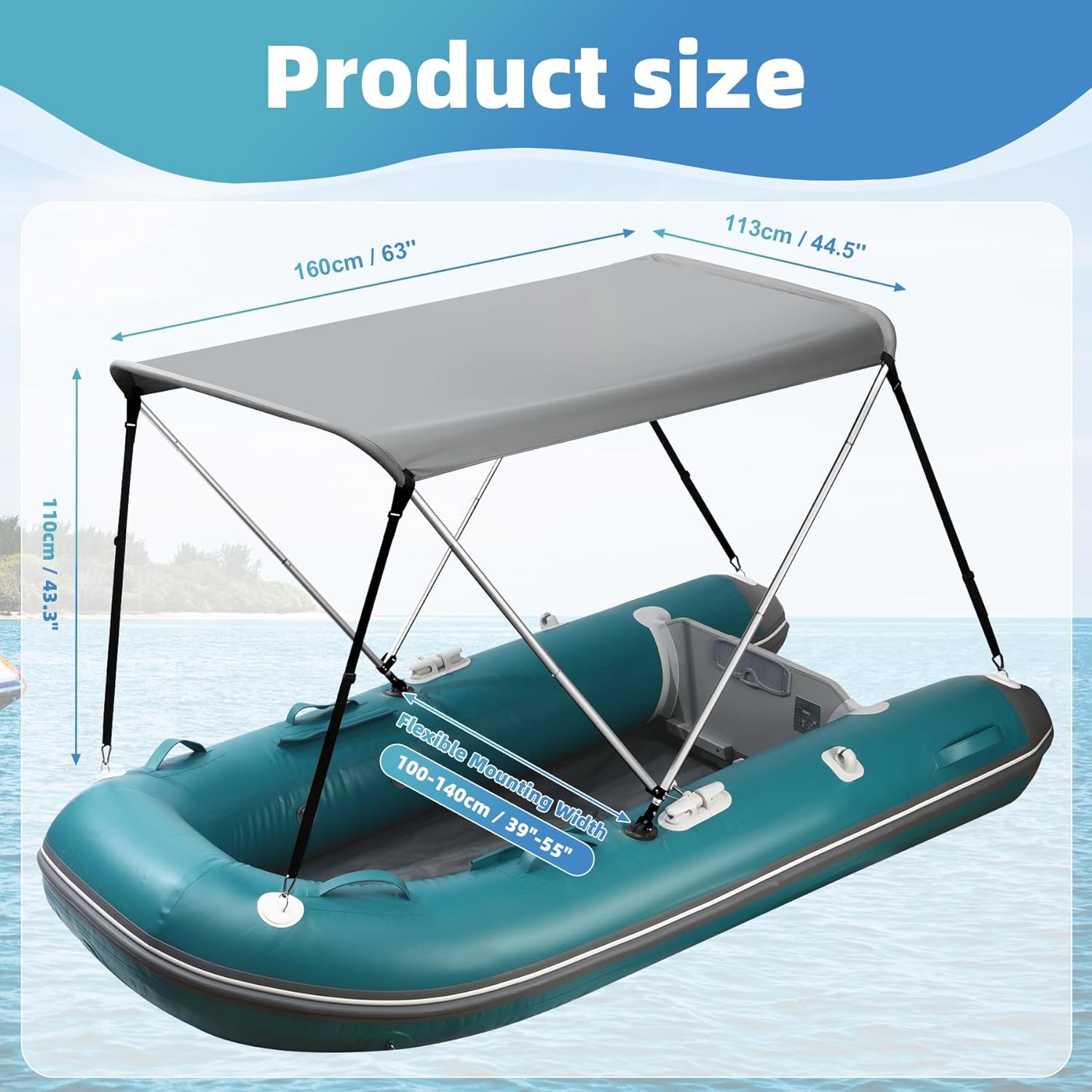 Bimini Top for Jon/Aluminum Boat (Width 3.3-4.6 ft) with Mounting Hardware,2 Bow Sun Shade Canopy Accessories with Storage Boots 63" L x 39"- 55" W x 43.3“H (Hard Boat Bimini top Set)