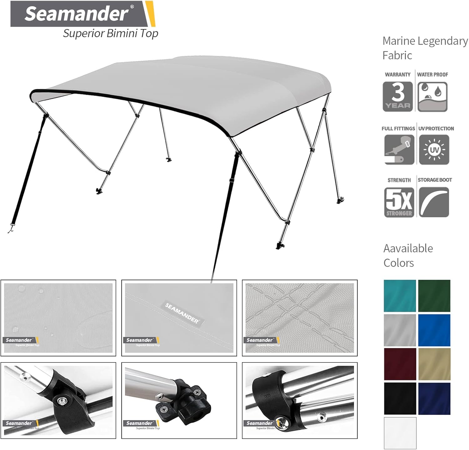 Seamander Bimini Top for Boats,3-4 Bow 14 Different Size Boat Canopy,Includes Bimini Top Hardwares and Boot Cover,3 Bow 6ft Length 73in - 78in Width 46in Height Grey 3 Bow 6'Lx 73"- 78"W x 46"H