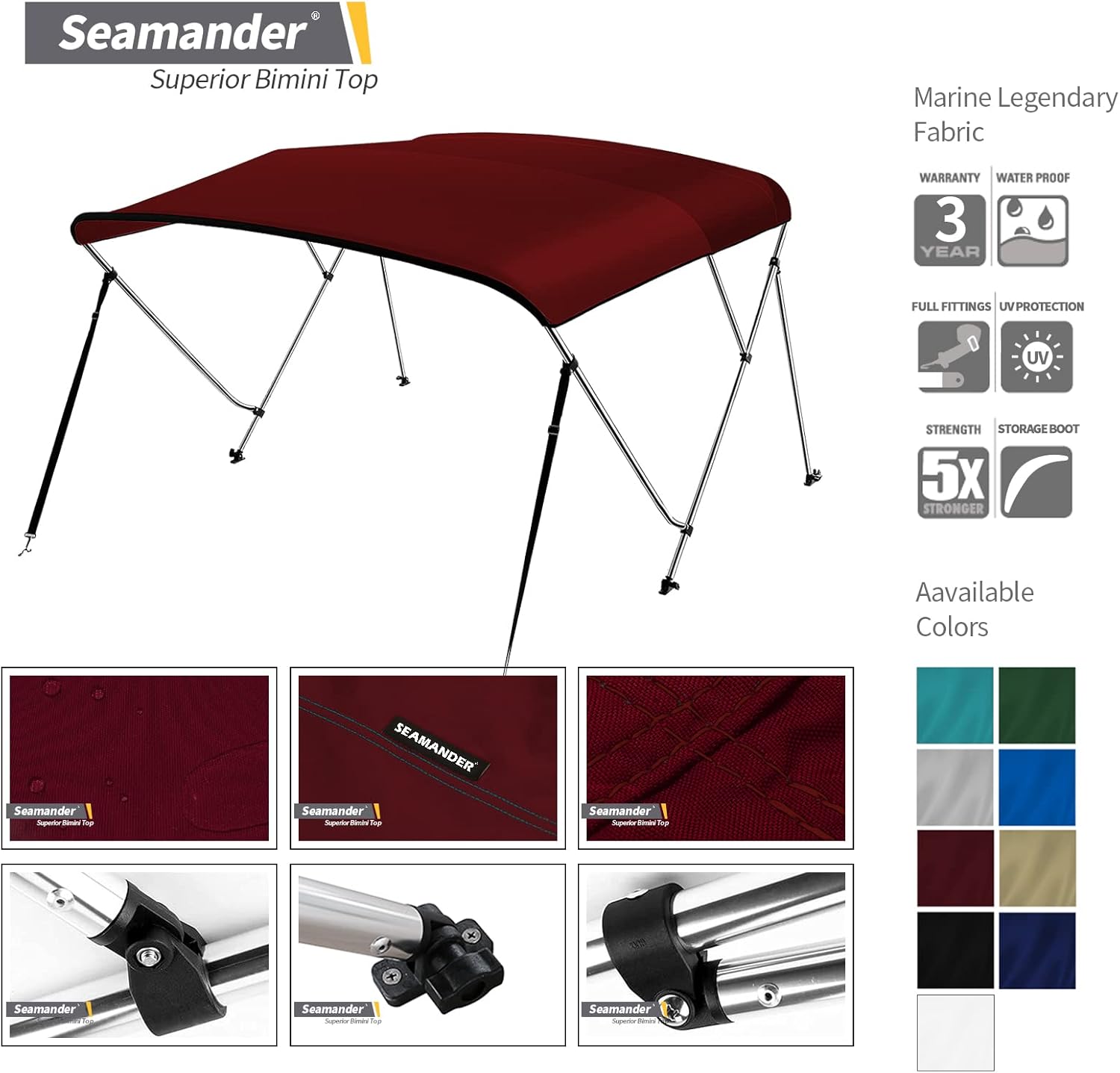 Seamander 3 Bow Bimini Tops for Boats,Boat Canopy Cover Top with Mounting Hardware (Burgundy, 6'L x 85"-90" W x 46" H)