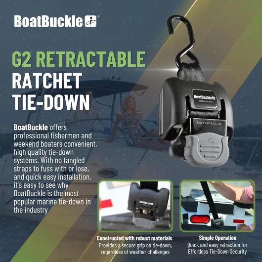 BoatBuckle G2 Transom Boat Tie Down Straps to Trailer 2x43-Inch, 2500lbs Break Strength, Bolt On Retractable Ratchet Straps Heavy Duty, 2-Pack Alloy Steel (Freshwater)